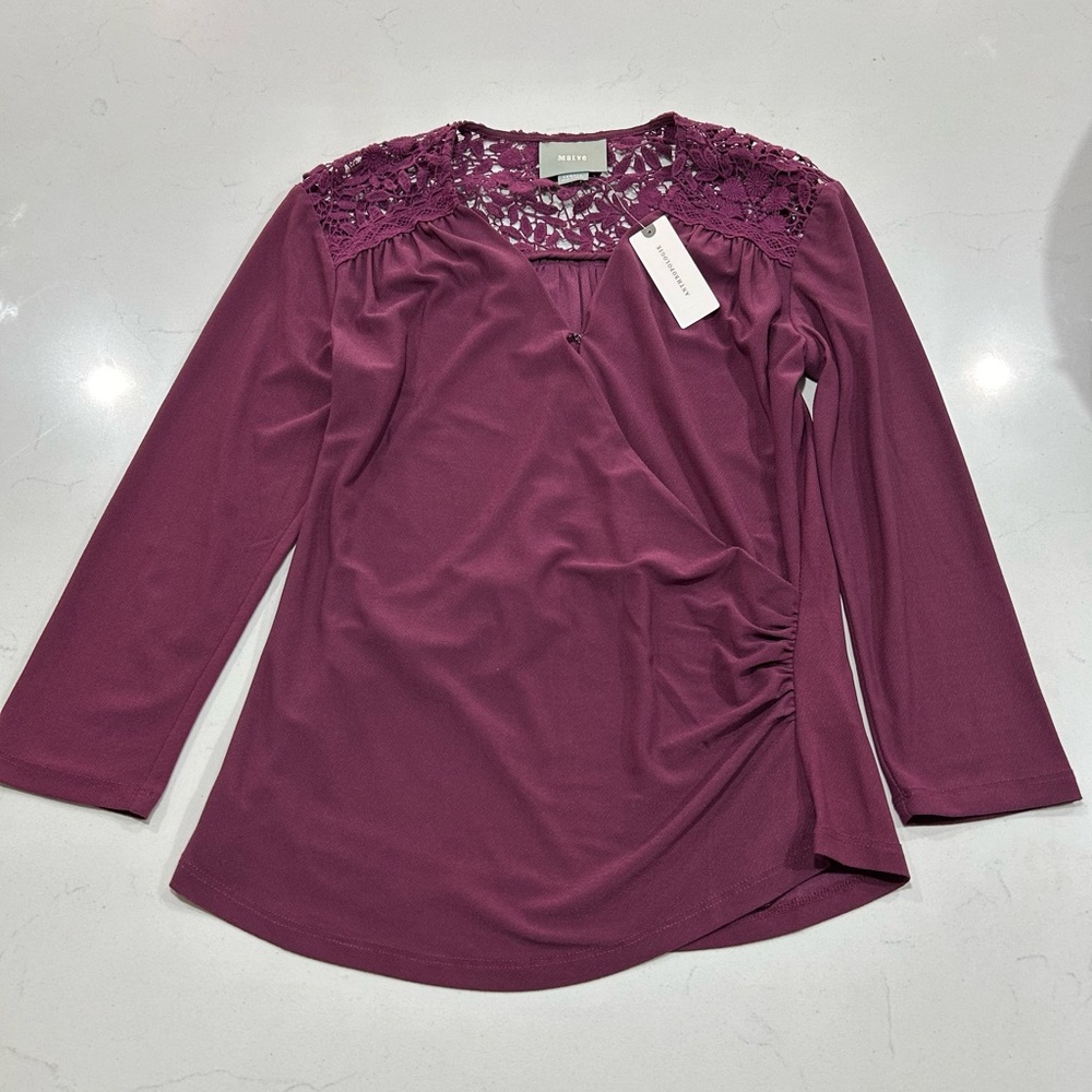 Anthropologie Maeve NWT plum Purple Top Floral Crochet Faux Wrap XL Long Sleeve